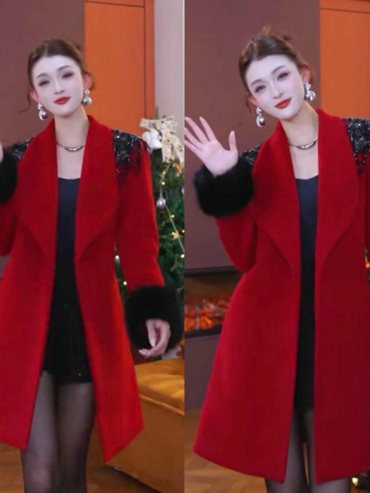 

Red Thiened Large Size Woolen Coat Faion Evening Gown Korean Sle Slim Fit Polyester Cosite Fiber Water Waed