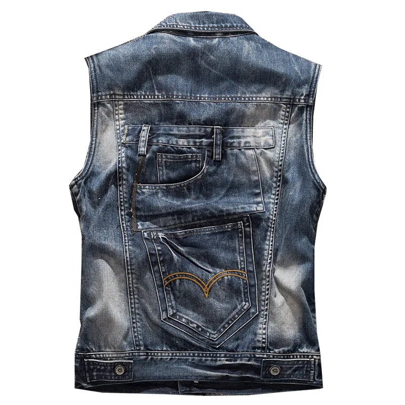 

New Stylemen's Denim Jacket Sleeveless Vest Newautumn New Product Waistcoat Motorcycle Denim Vest Men's Patch Large Pocket Tooli