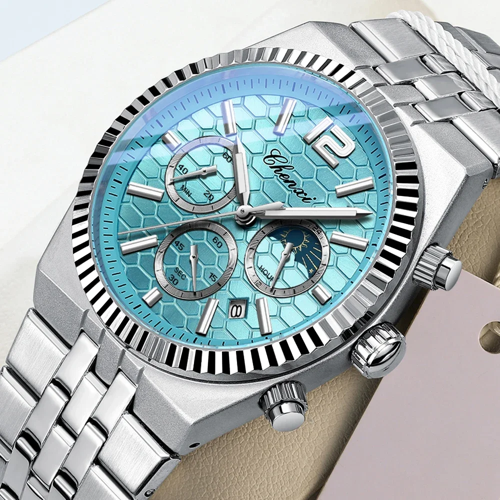 ساعة كوارتز رجالية أصلية من CHENXI مقاومة للماء كرونوغراف للأعمال للرجال، ساعة يد مضيئة بحزام فولاذي أنيق للرجال