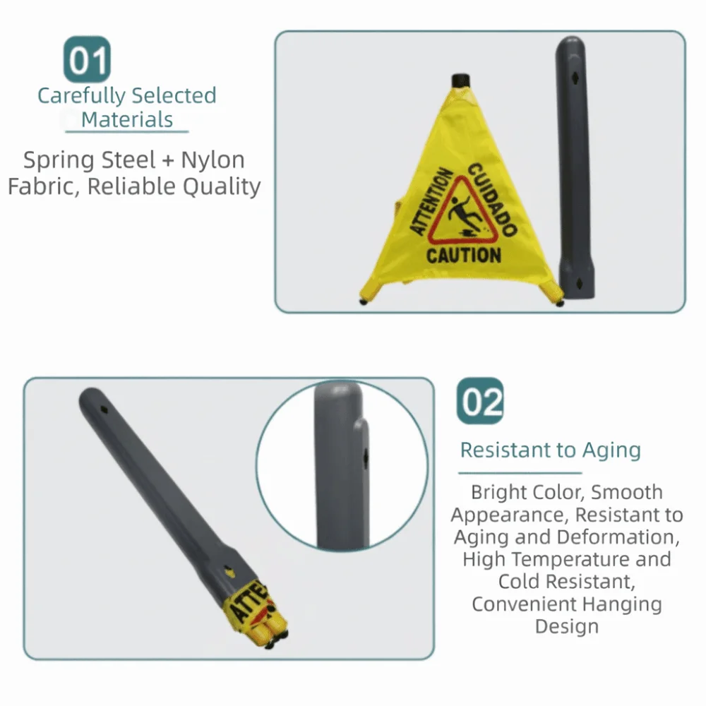 Triangular Cone-Shaped Caution Wet Floor Sign Wall Mounted Foldable Slippery When Wet Sign Pop-Up Design Multilingual