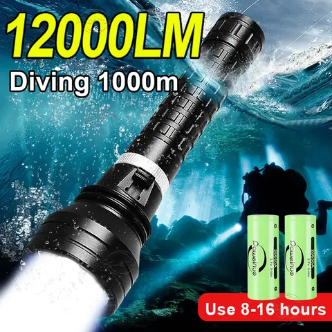 고출력 다이빙 손전등, XHP190 전문 수중 랜턴, 10000mAh 배터리, IPX8 방수 램프, 핸드 로프 포함, 12000LM