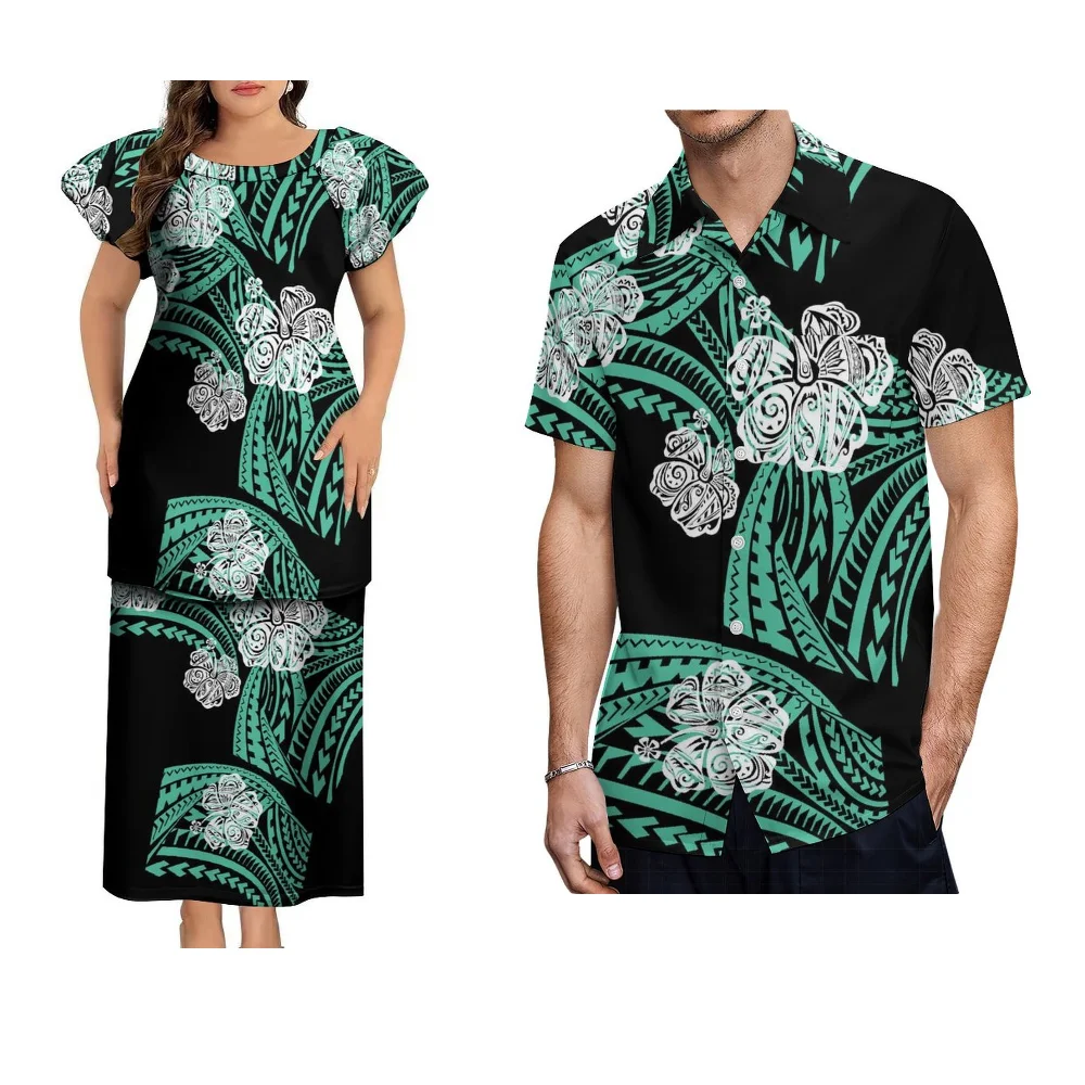 Ronde hals Polynesische Pletasi paar dubbellaags pak avondjurk aangepaste dames avondjurk Samoaanse paar pak heren shirt