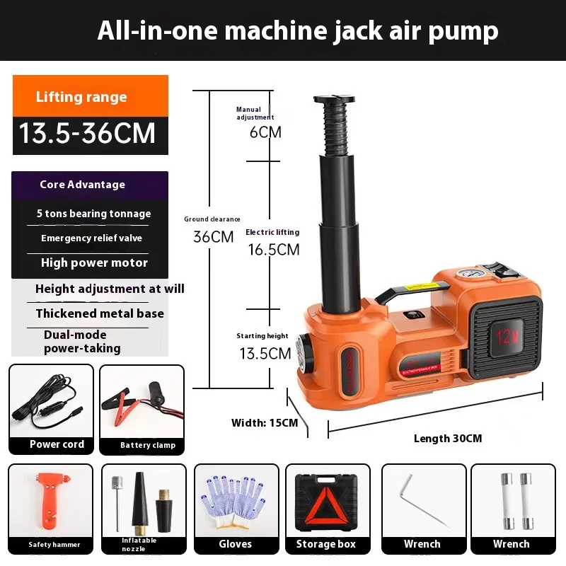 12V 5Ton Electric Car Hydraulic Jack with Tire Inflator Pump and LED Flashlight 3 in 1 Lift jacks With Safe Hammer Tools For Car