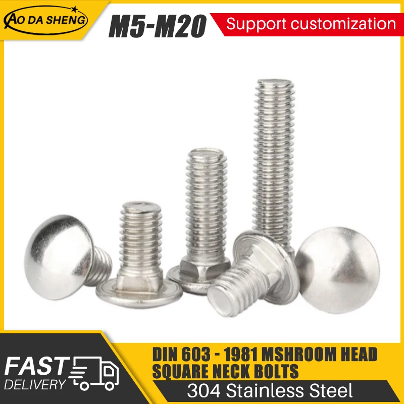 AODASHENG 10pcs M4 M5 M6 M8 M10 M12 10- 150mm Length Carriage Bolt 304 Stainless Steel Round Head Square Neck Screw DIN603