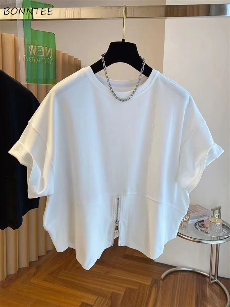 Loose T-shirts Women Zipper Splits S-3XL Chic Streetwear Summer Fashion Casual Minimalist O-neck Korean Style Students All-match