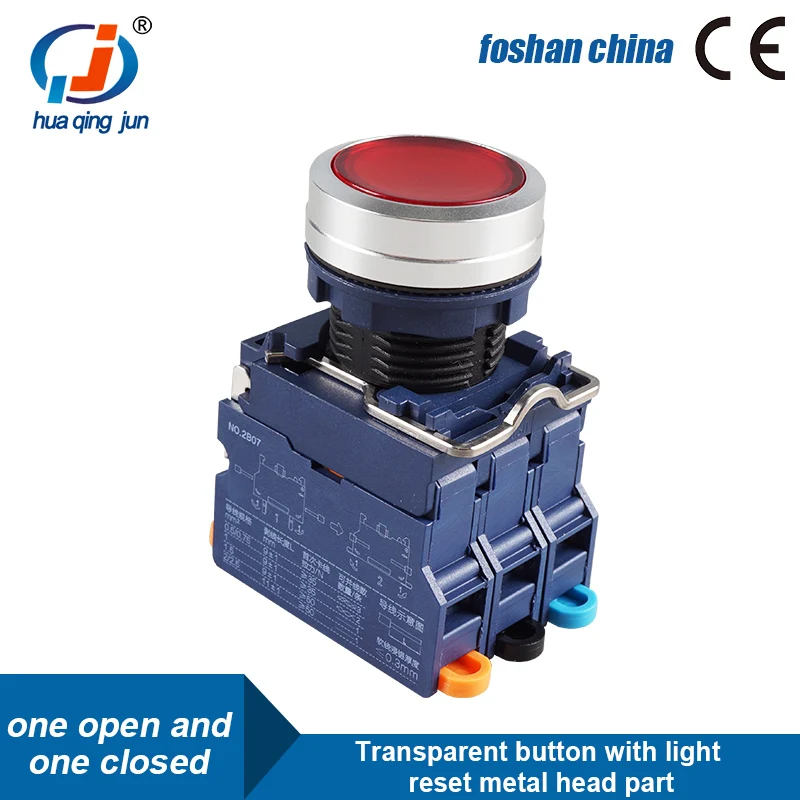 Huaqingjun Transparent Button with Led Reset Metal Head NO NC Push Button Switch for Relay