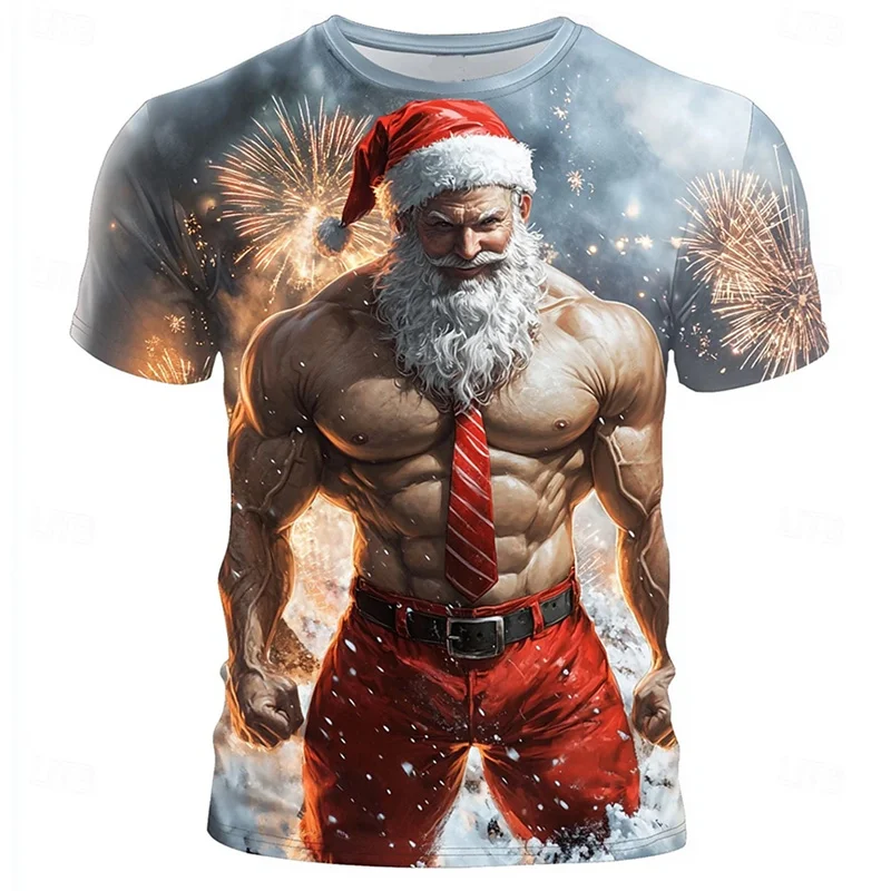 Christmas Muscle Santa Claus T-shirt Men Cool 3D Printed Xmas Holiday T shirt Tops Oversized Short Sleeve Crew Neck Tee Shirts