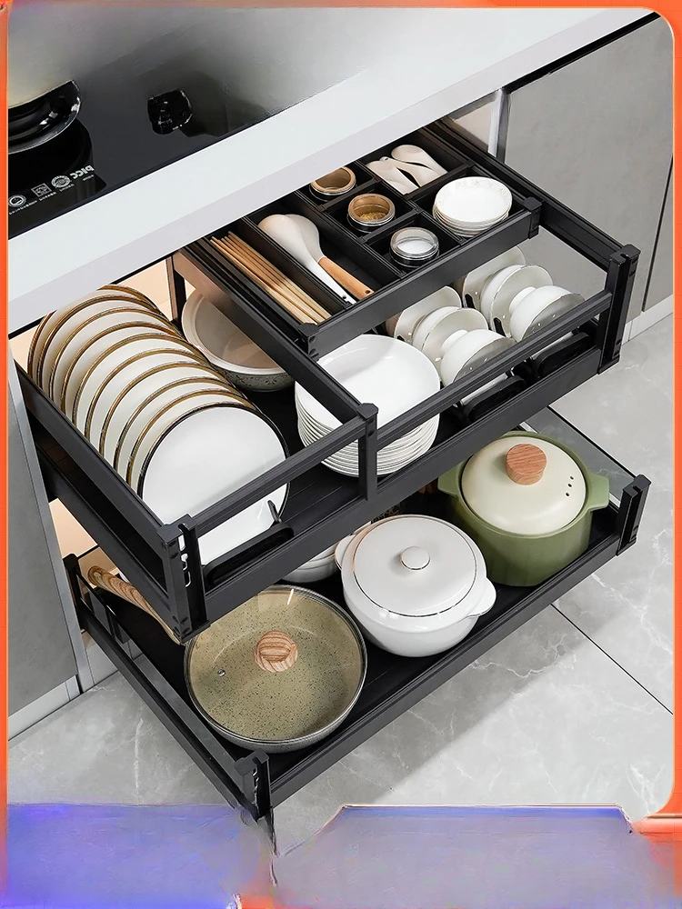 Kitchen cabinet, aluminum alloy, drawer type, double layer storage rack, built-in dish rack, damping dish basket