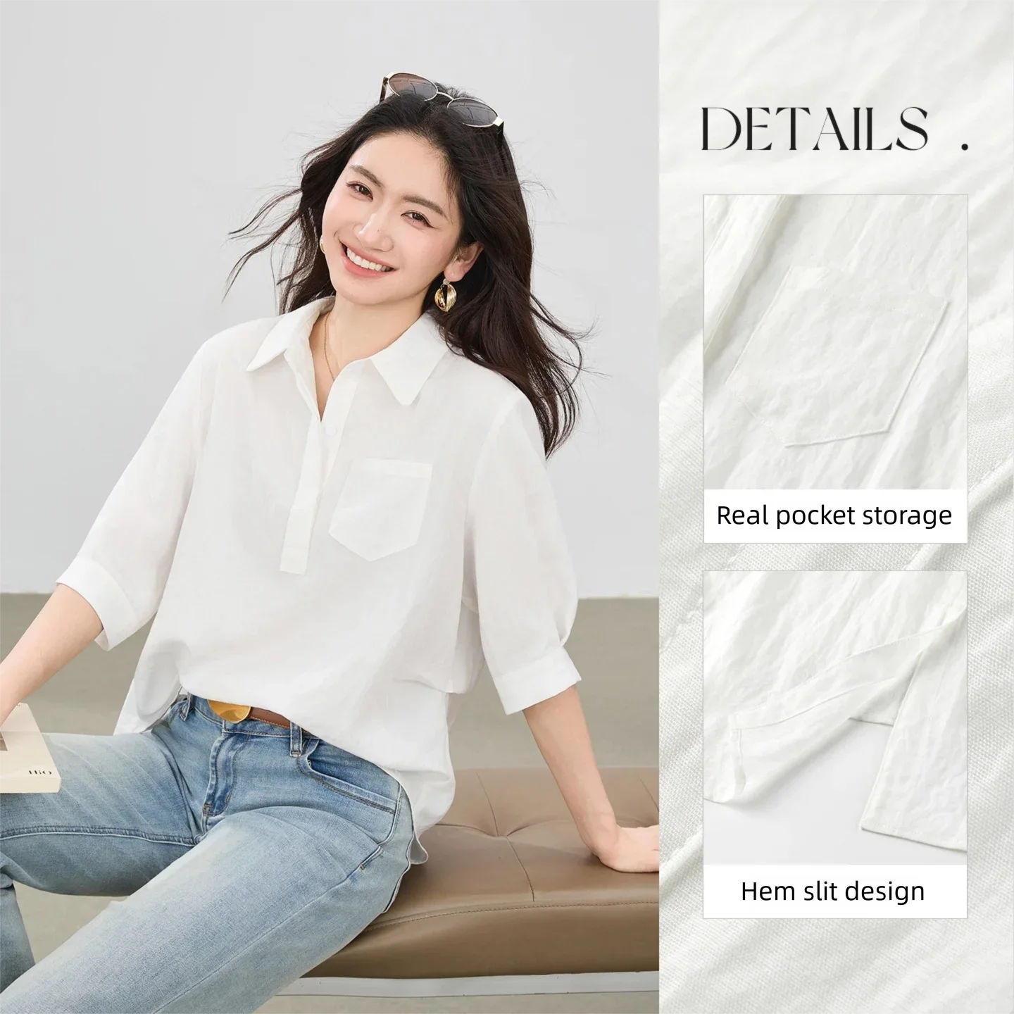 SENTUBILA White Commute Simple Women's Shirt 2026 Summer Half-Placket Turn-down Collar Half Sleeve Loose Casual Blouse Q62CA7282
