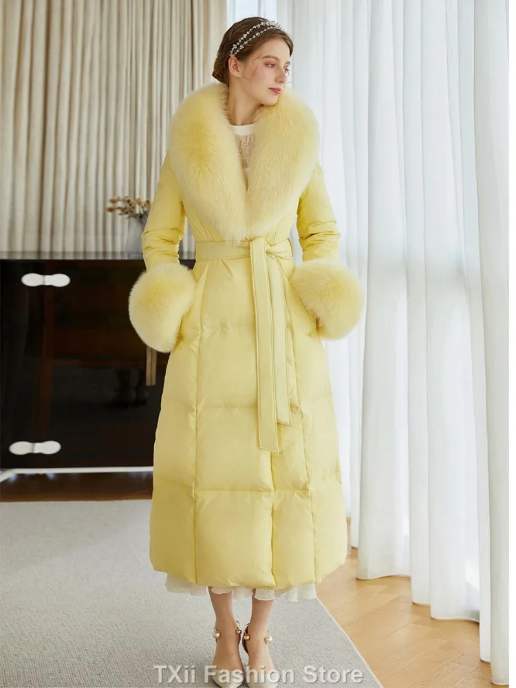 Yellow Luxury Natural Fox Fur Coat Thick Warm Down Coat New 2023 True Fox Fur Cuff 90% White Duck Down jacket Women -30 degrees