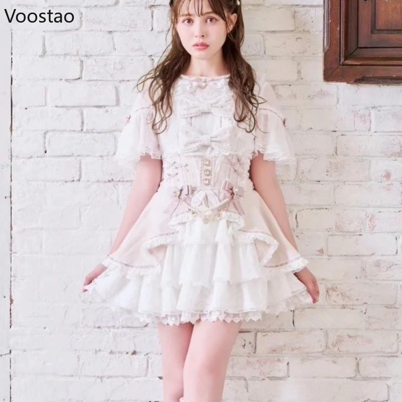 Mini jupe gâteau Style Lolita japonais Kawaii pour femmes, douce et élégante, avec nœud en diamant, chaîne de perles, jupe courte gothique Y2k pour filles