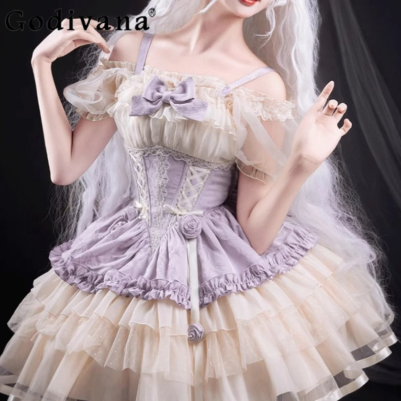 

Women's Cute Slimming Waist JSK Dress Original Lolita Strap Ballet Short Dress Female Sleeveless Bow Sweet Princess Dress