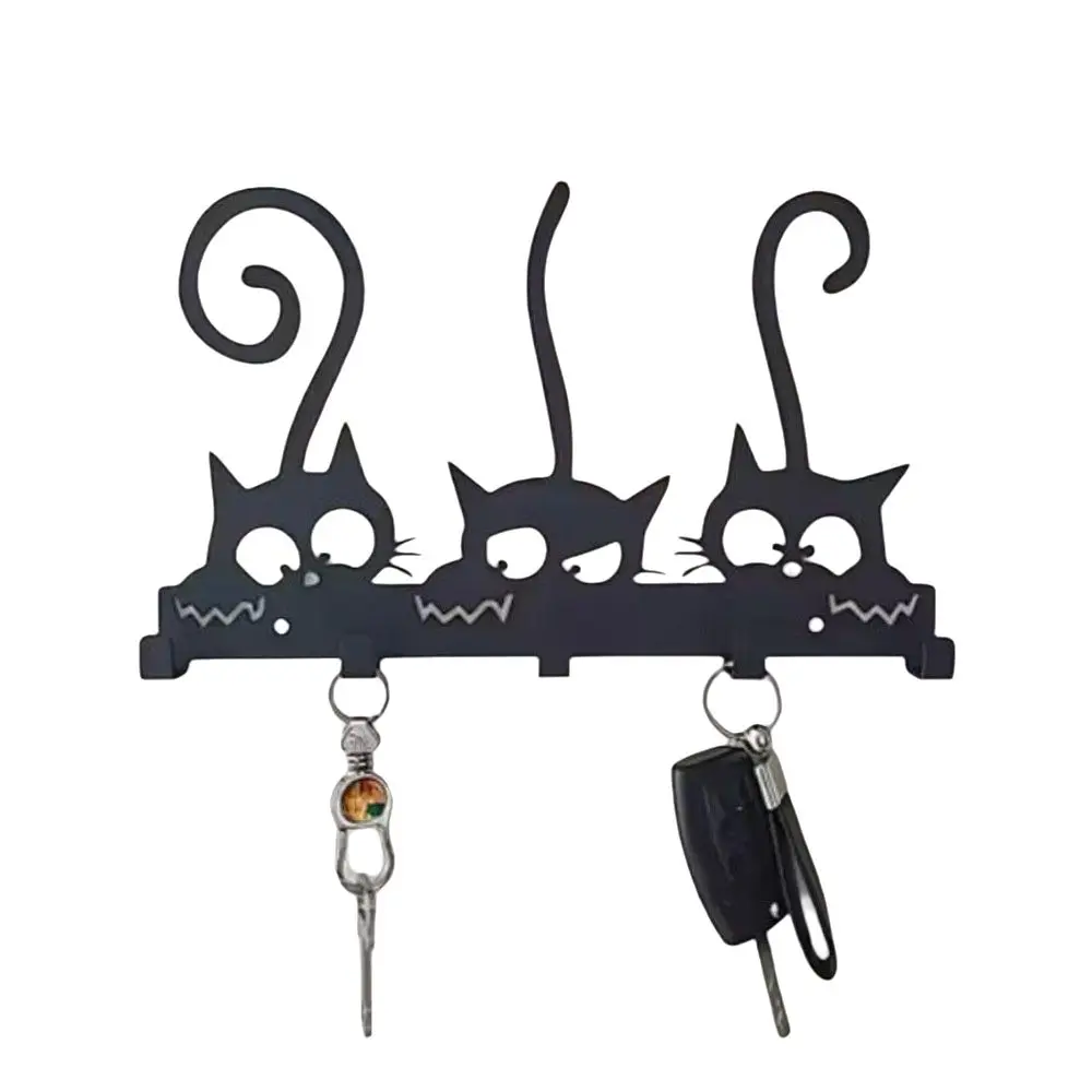 Iron Wall Key Holder Wall Mounted No Drill Key Hook Cute Kitty Shape Multi Hook Decorative Key Holder Entryway Organizer