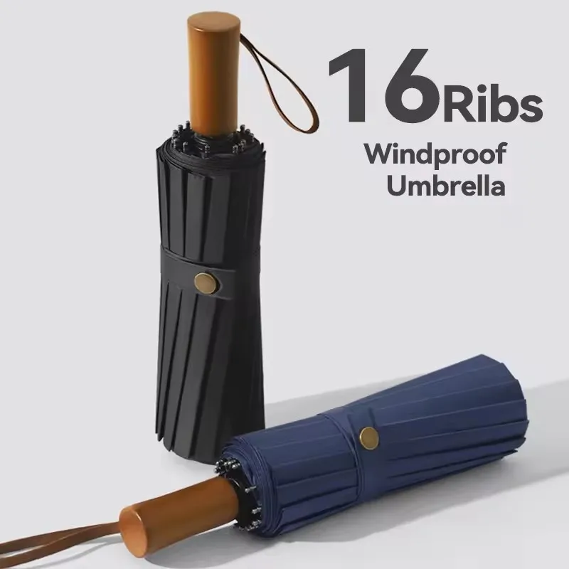 

16 Ribs Umbrella Windproof Strong, Luxury Japanese Folding Umbrella Rain Waterproof, Wooden Handle, Business Style Umbrellas