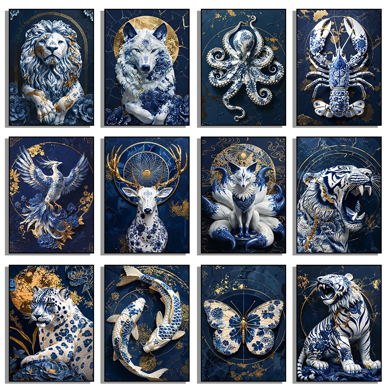 Vintage-Porzellan-Stil, Tiere, Leinwandgemälde und Druck, abstrakte Wandkunst, HD-Poster für Wohnzimmer, Heimdekoration, rahmenlos, G