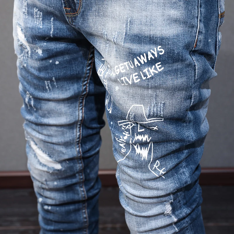 Street Fashion Men Jeans Retro Blue High Quality Elastic Slim Fit Ripped Jeans Men Printed Designer Vintage Denim Pants Hombre