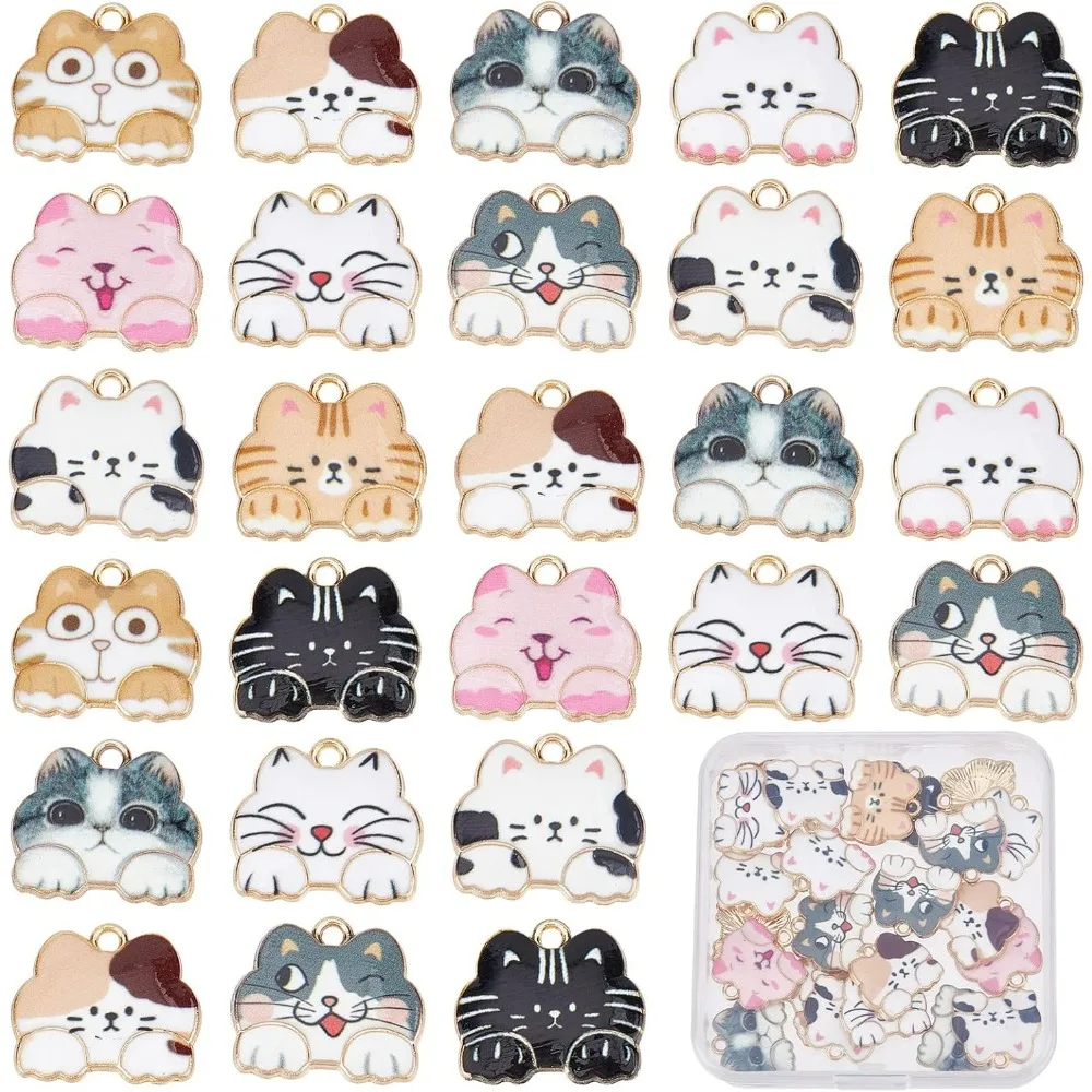 1 Box 40Pcs Cat Charms Enamel Cat Charm Cat Head Charm Kitten Lucky Pet Cats Flat Back Animal Alloy Charms for Jewelry Making