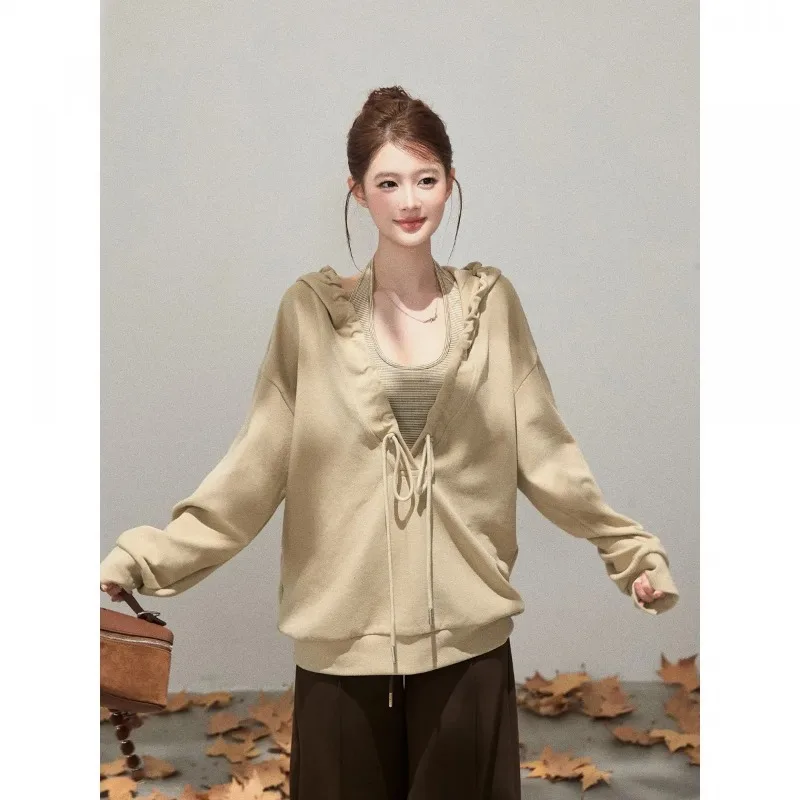 

Женская толстовка с капюшоном и V-образным вырезом, с длинными рукавами, в корейском стиле, свободного кроя, однотонная, универсальная, осенняя.