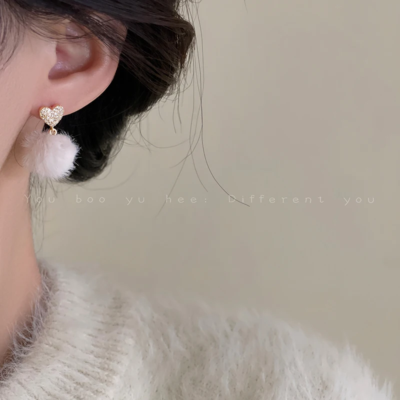 Winter Plush Heart Drop Earrings for Women - High-End Unique Jewelry with Soft Appeal.