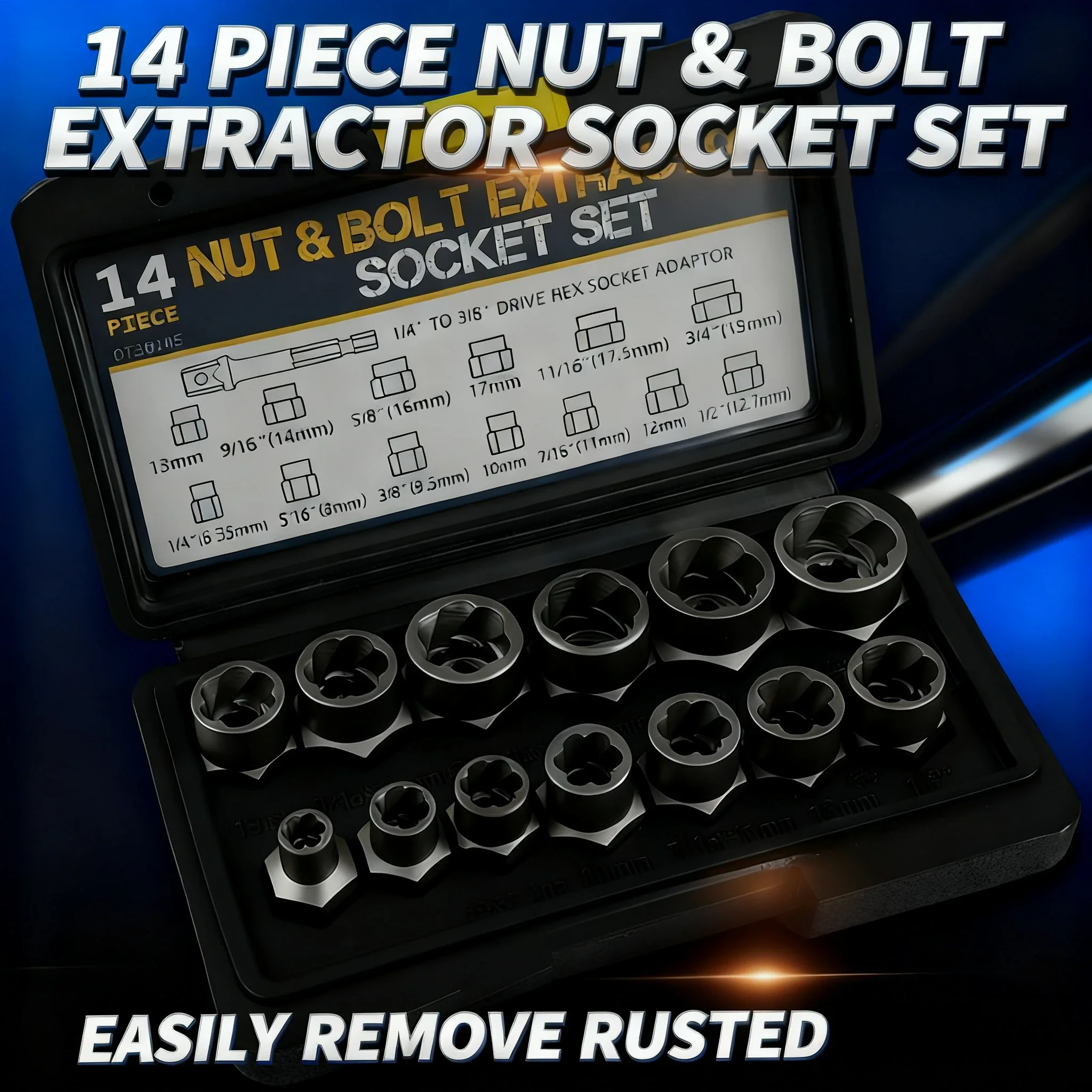 14 Pieces Impact Bolt & Nut Remover Set Cr-Mo Steel Bolt Extractor Tool Set with Solid Storage Case for Industrial Drop