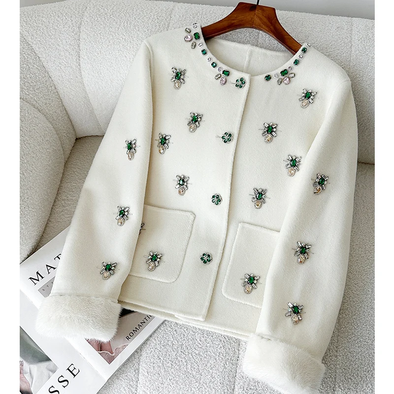 New Women Real Mink Fur Cuffs Cashmere Wool Woolen Coat  Winter Jacket Ladies Outerwear Streetwear