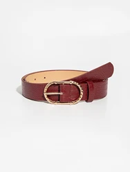 1pc Luxury Retro Gold-Tone Metal Buckle Burgundy Crocodile Embossed Leather Belt, Versatile For Daily Wear