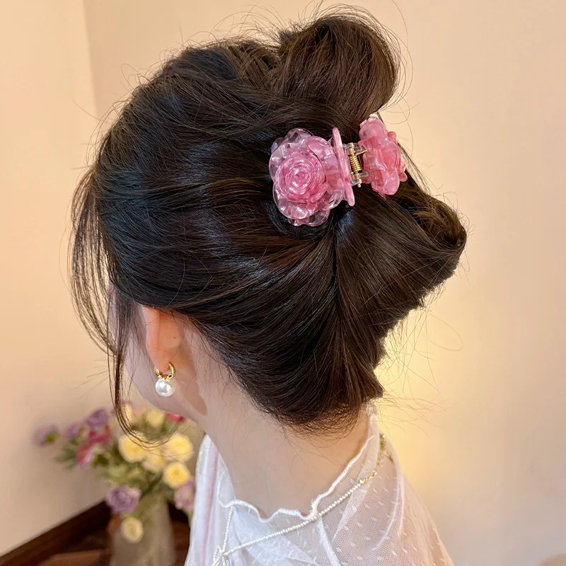 Colorful Rose Flower Hair Claw Clip Fairy Medium Hairpin Crab Hair Clip for Woman Girls Summer Princess Floral Hair Accessories