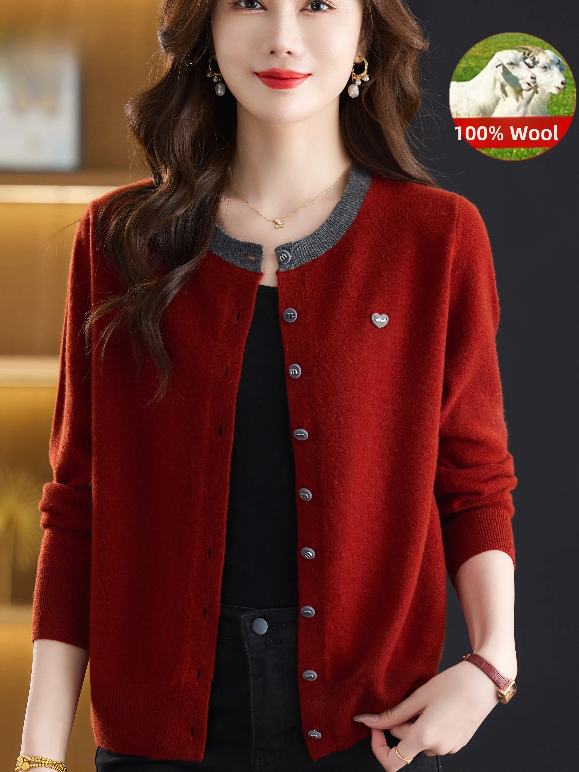 

Осень-зима, женский вязаный кардиган из чистой шерсти 00, круглый свитер с блузкой цвета Ne, дышащий, свободный крой, модный