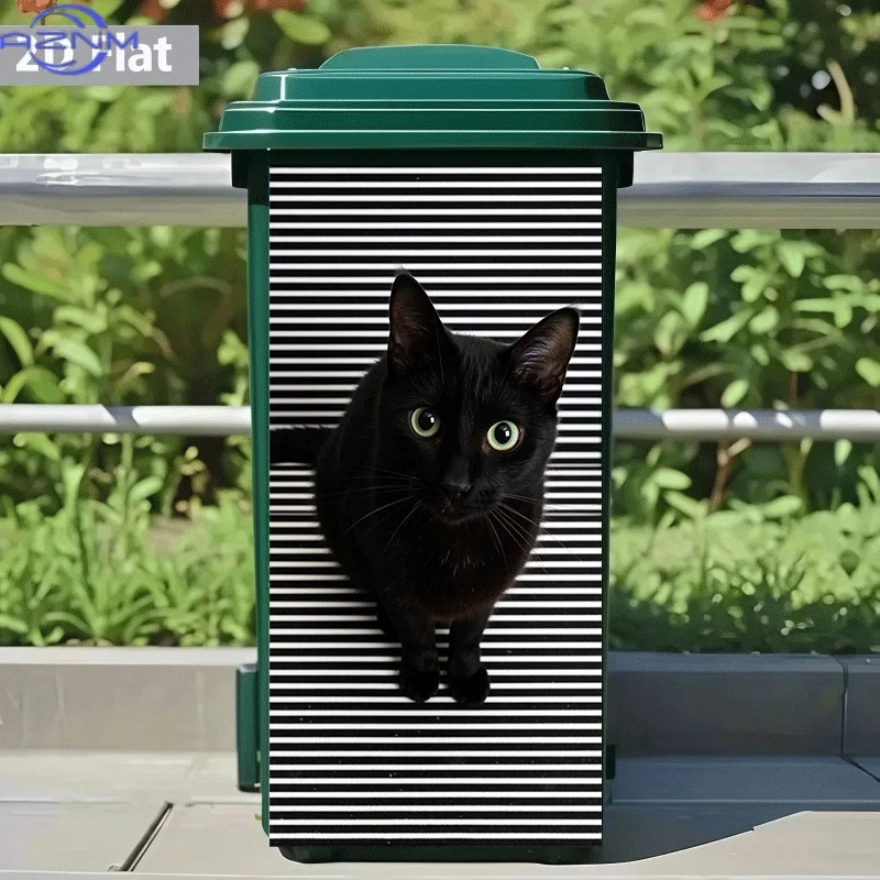 [2D Flat Printing]1pc Trash Can Sticker[Title Has Been Translated, Do Not Change] Black Cat Gazing at Stripes Theme Design Wal