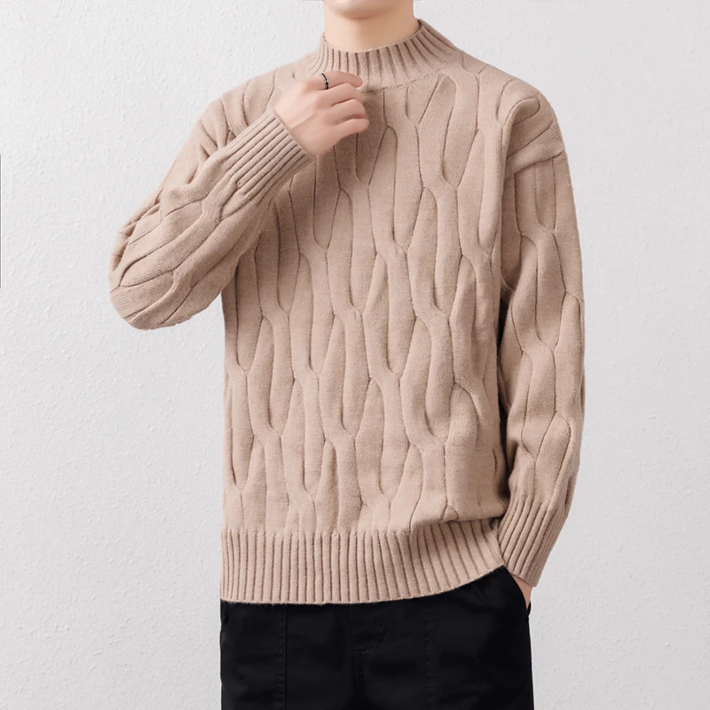 

Утепленный мужской вязаный свитер с воротником-стойкой, повседневный, теплый, зимний, модный, винтажный, с узором «косы», для ношения под одеждой