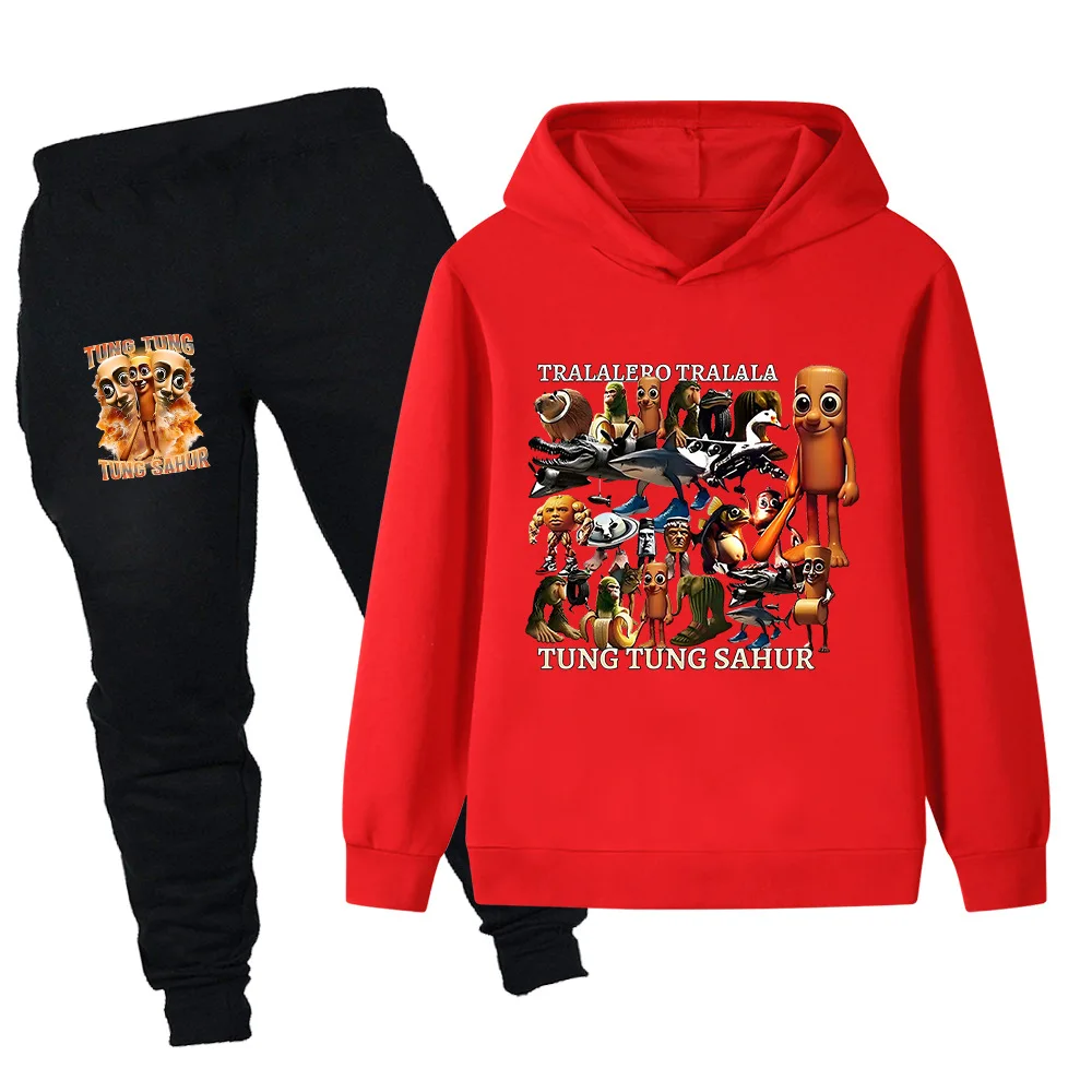 Italian Brainrot Animals Tung Sahur Fun Print Children's Suit Boys Girls Fall & Winter Casual Fashion Top + Pants Set