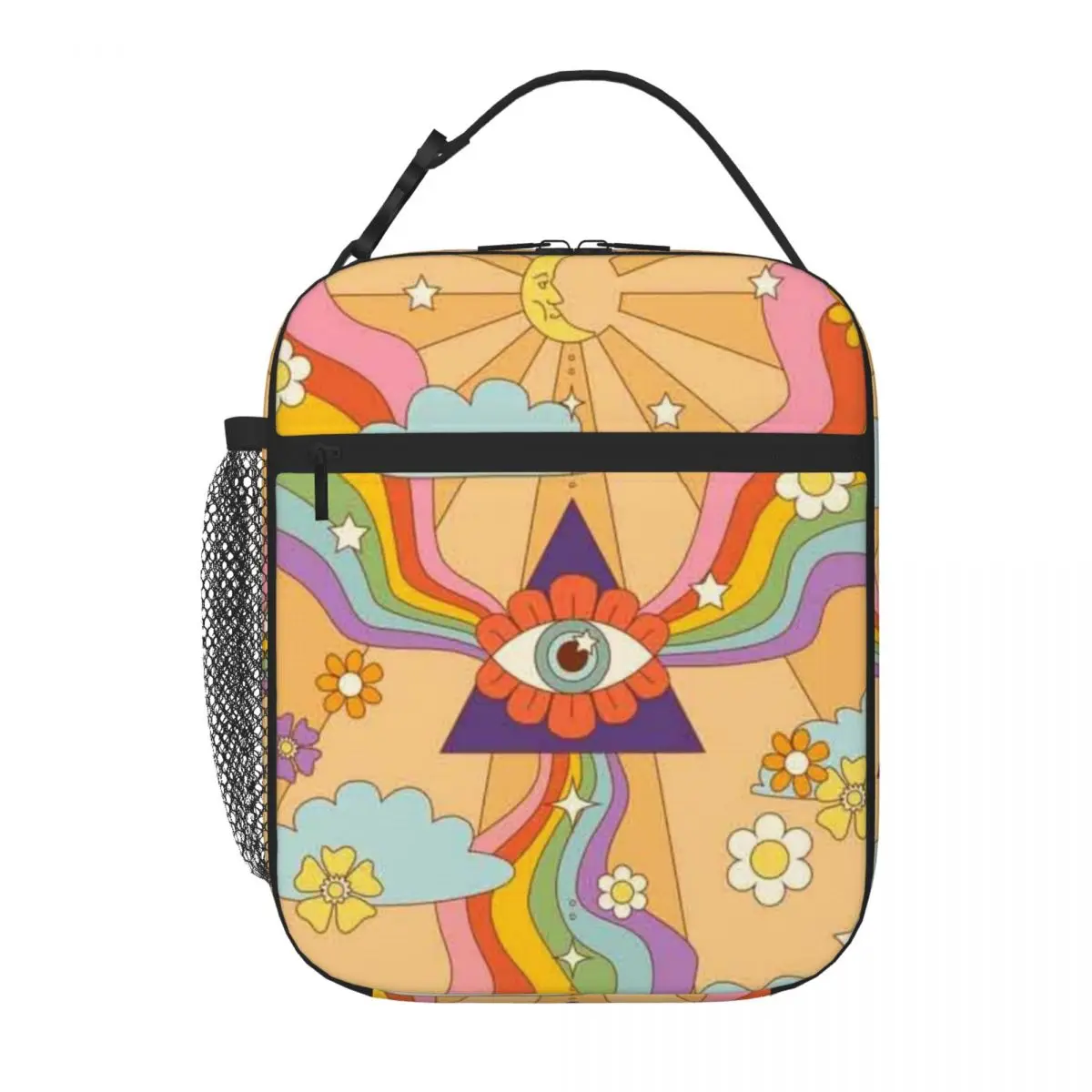 Bestselling Retro Hippie Boho Rainbow Print Splicing Color Meal Bag Park Picnic Office Lunch Bag
