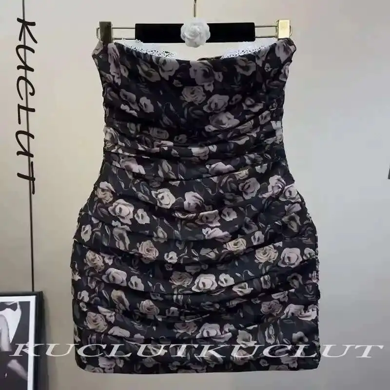 فساتين KUCLUT 2025 عصرية بدون حمالات مُزينة بالزهور للنساء فستان من الدانتيل مقسم للحفلات المسائية ملفوف على الورك فستان نسائي عصري K320 #3