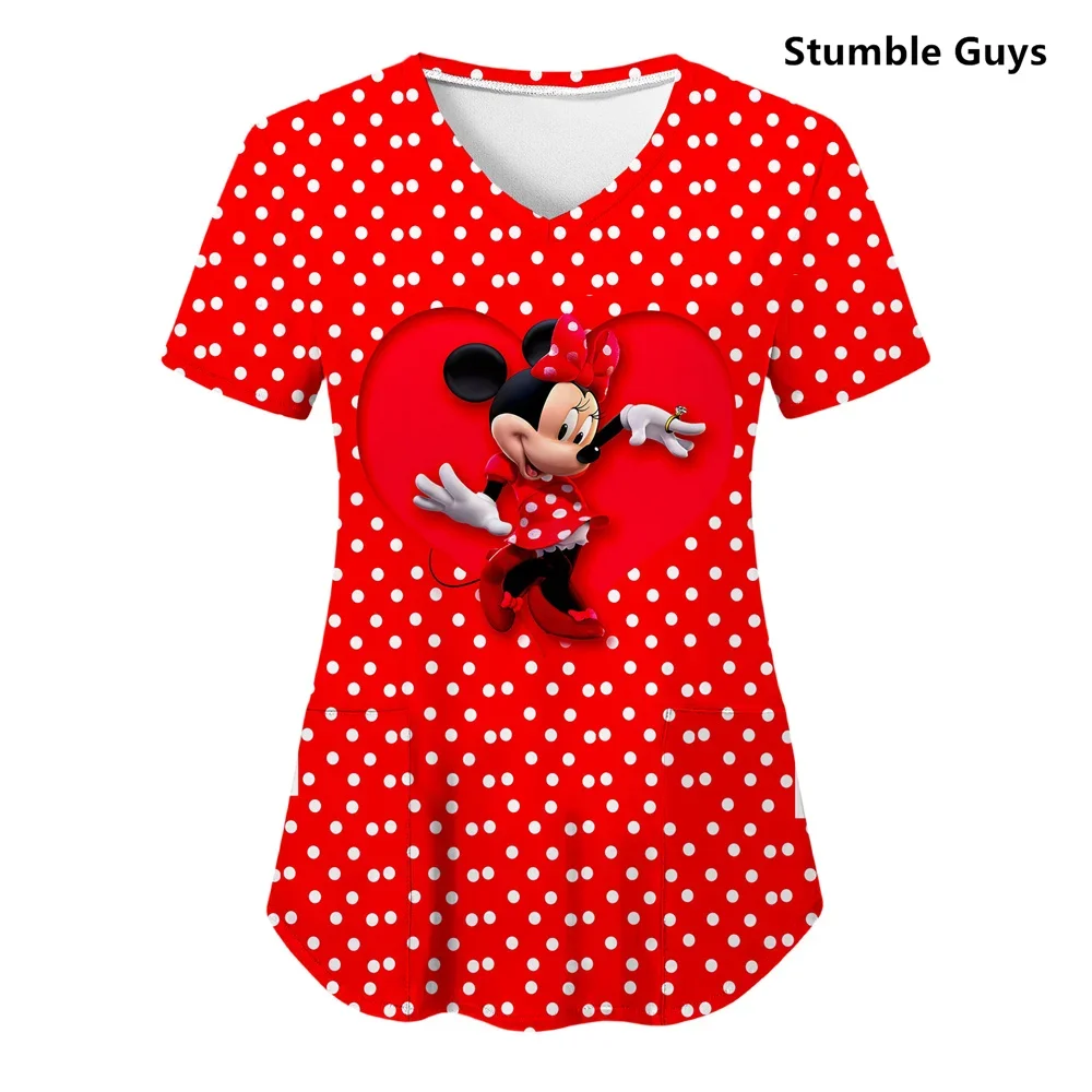 Hospital T-shirt Nurse Uniform T-shirts Minnie Mouse Top Women 2024 Pocket Woman Stitch Clothes V Neck Mickey Tops Tees Women\'s