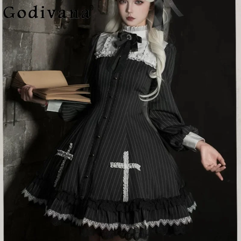 

Personalized Gothic Autumn Stripe Long Sleeve Ruffles Stand Collar Dark Dress Girl Fashion High Waist A-line Princess Dresses