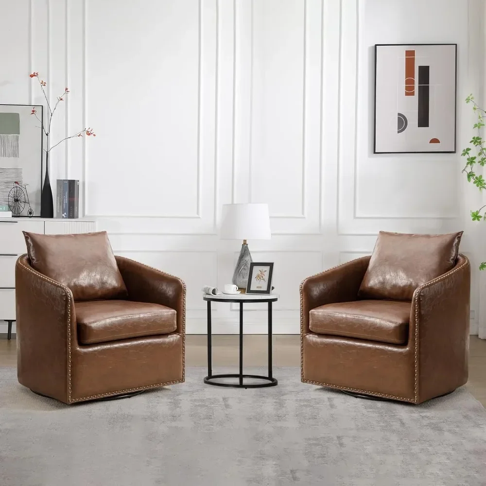 Living Room Chair Set of Two with Plump Back Pillow, Waterproof Oil Waxed PU Leather Swivel Armchair with Rivets, Accent Chair