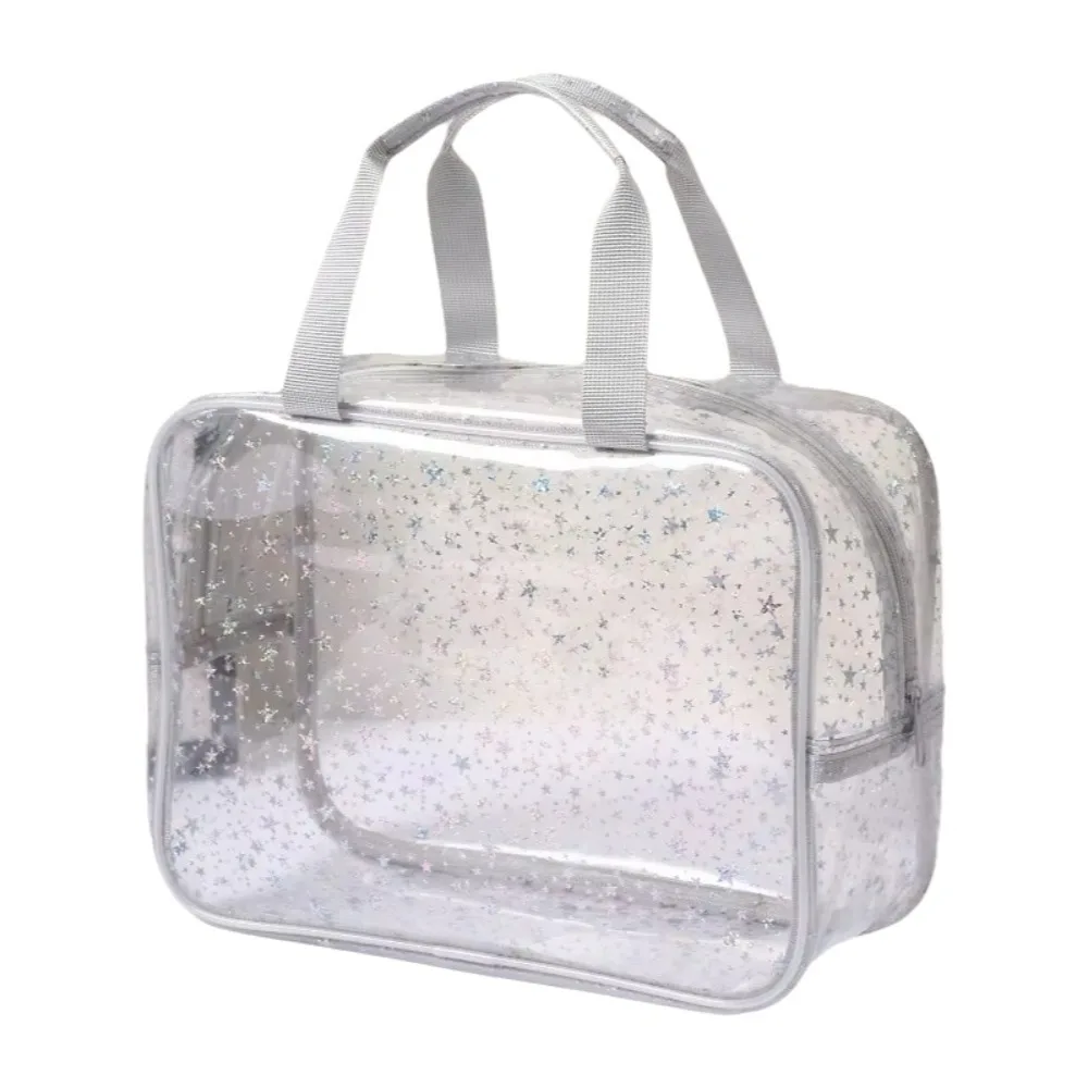 PVC Waterproof Transparent Makeup Bag Glitter with Handle Portable Cosmetic Pouch Stars pattern Smooth zipper Clear Travel Sack