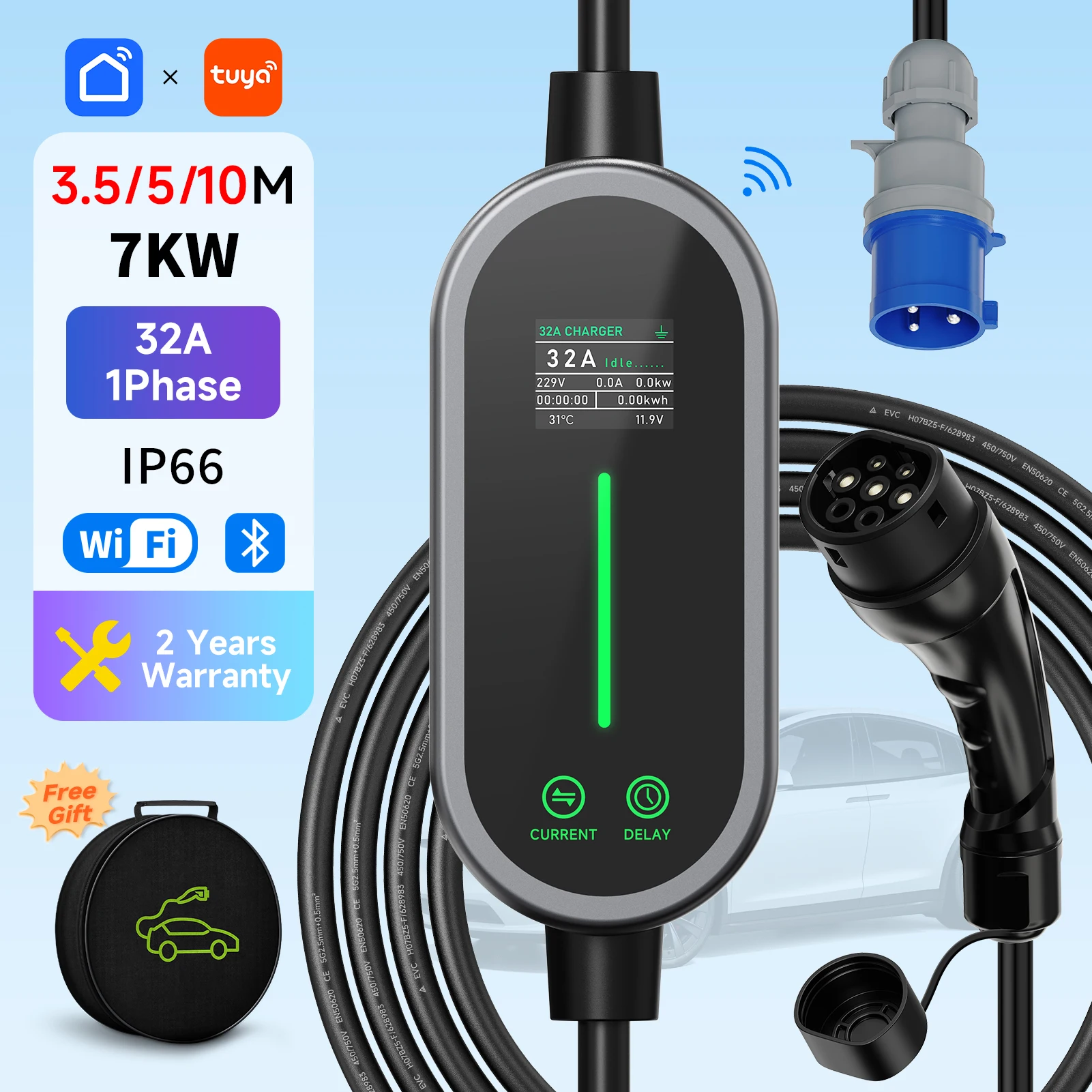 

Type2/Type1 Portable EV Charger 7KW 32A 1Phase EVSE Fast Charging Cable CEE Plug WiFi APP Bluetooth Control Current Adjustable