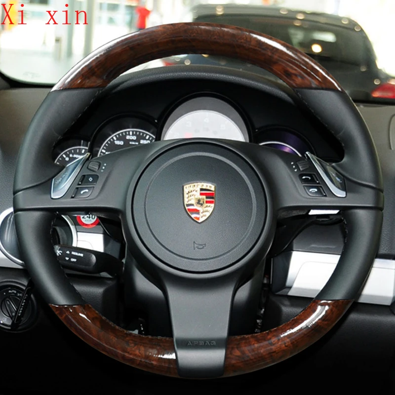 For Porsche Cayenne Macan DIY imitation peach wood trim hand sewn leather steering wheel cover