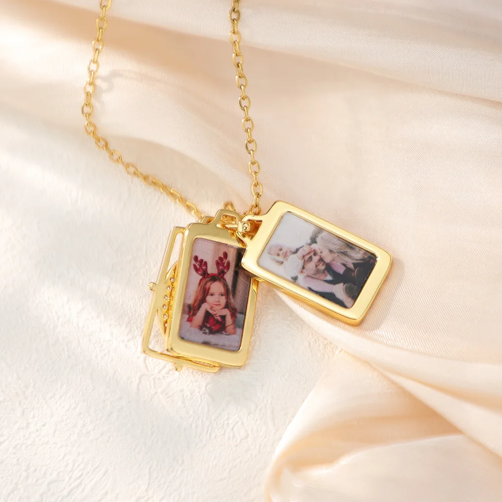 Custom Double Photo Necklace - 3-Layer Copper Pendant with Egyptian Sun and Star-Moon Design, Holds 2 Photos - Memorial Jewelry