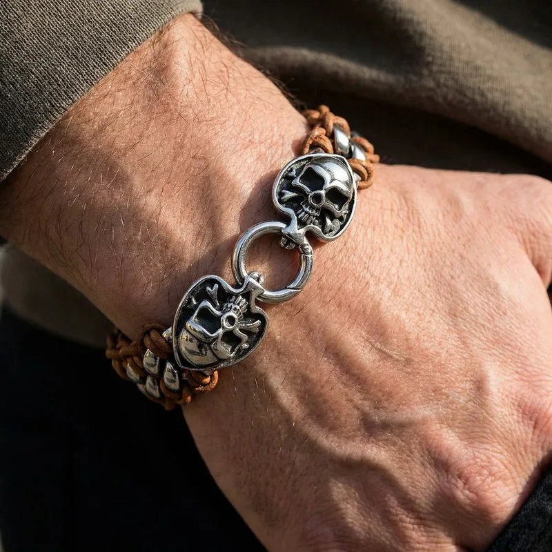 KALEN Vintage Viking Wolf Head Stainless Steel Men's Bracelet Stylish Black Spade Skull Braided Leather Bracelet Fashion Jewelry