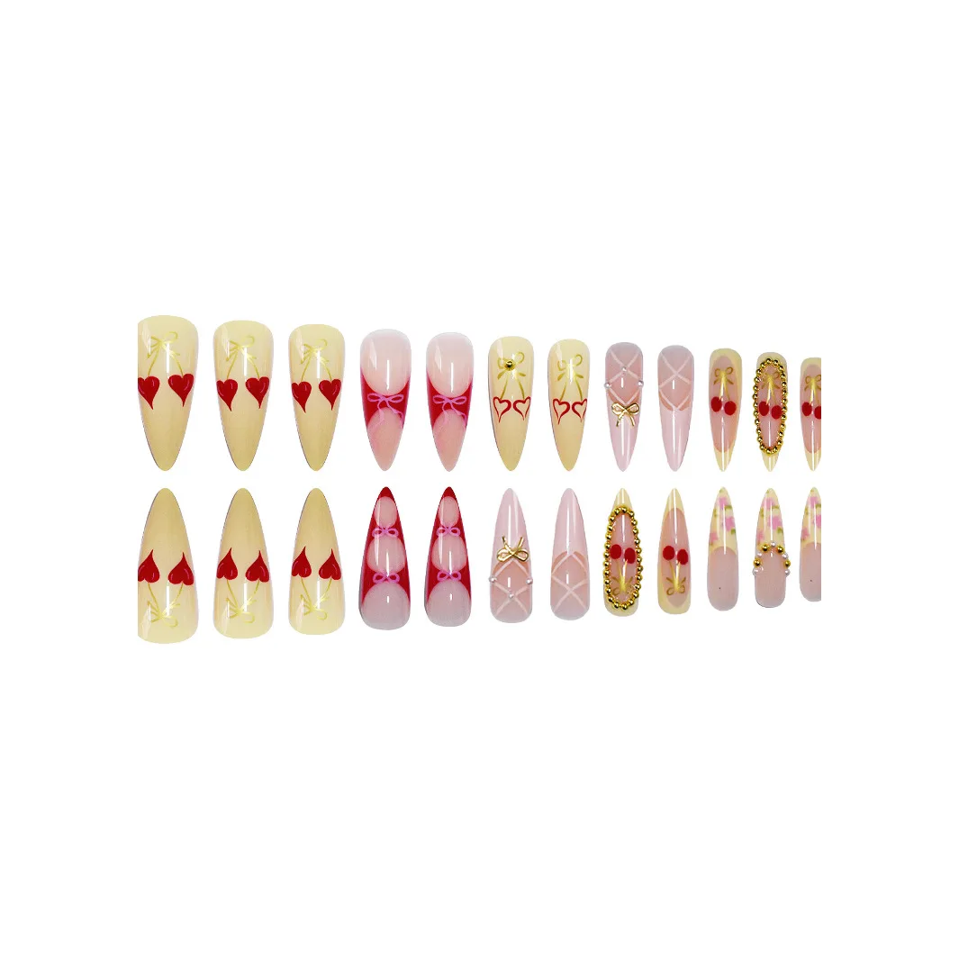 24 Stück lange Mandel-Nagelnägel zum Aufdrücken, goldene Schleife, künstliche Nägel, Kirschmuster, künstliche Nägel, künstliche Spitzen, 1961 Afrikaans Uñas Postizas Diego – Detail 3