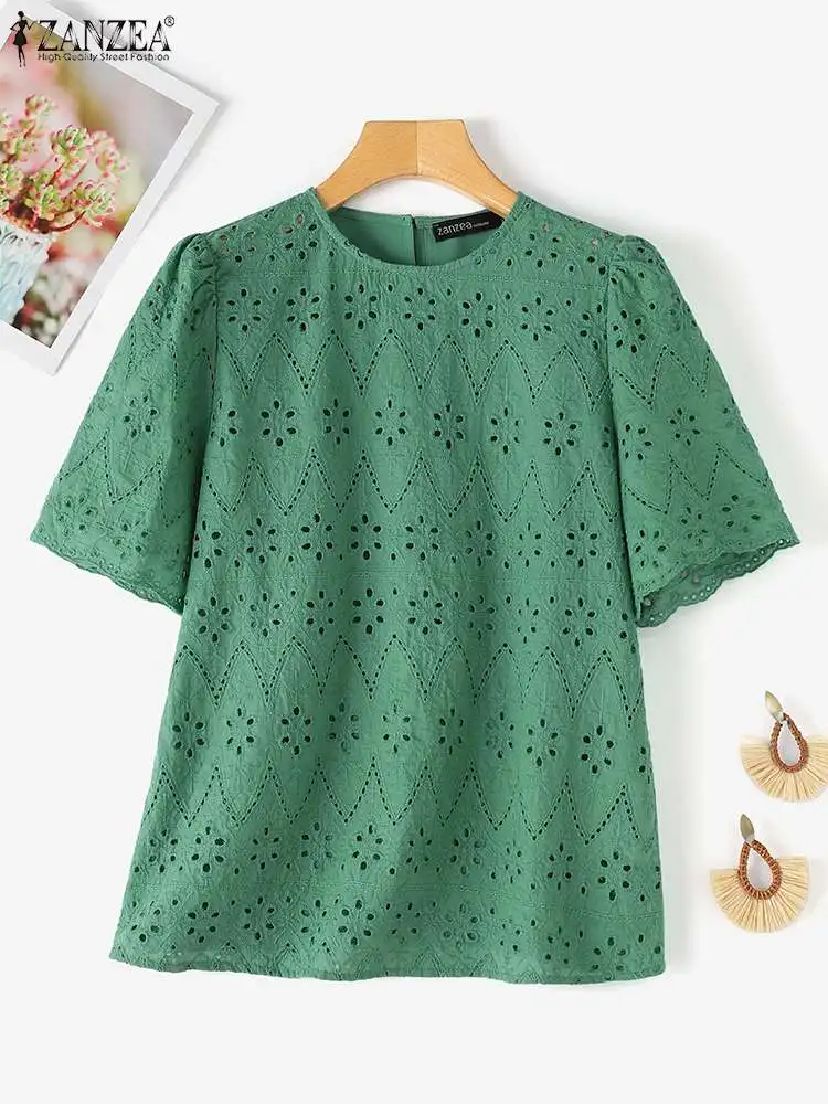 ZANZEA Summer Elegant Short Sleeve Tops Fashion Women Lace Crochet Blouse Bohemain Holiday Shirt Female Loose Work Blusas Mujer