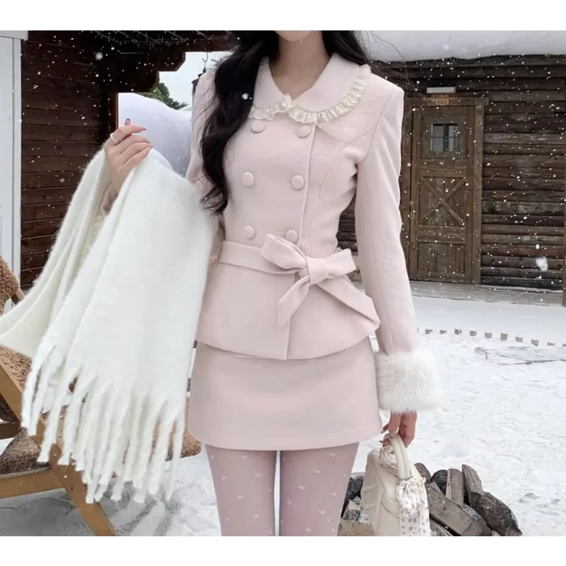 Women Sweet Pink Plush 2 Piece Set Patchwork Slim Button Top and Y2K Skirt Autumn Outfit