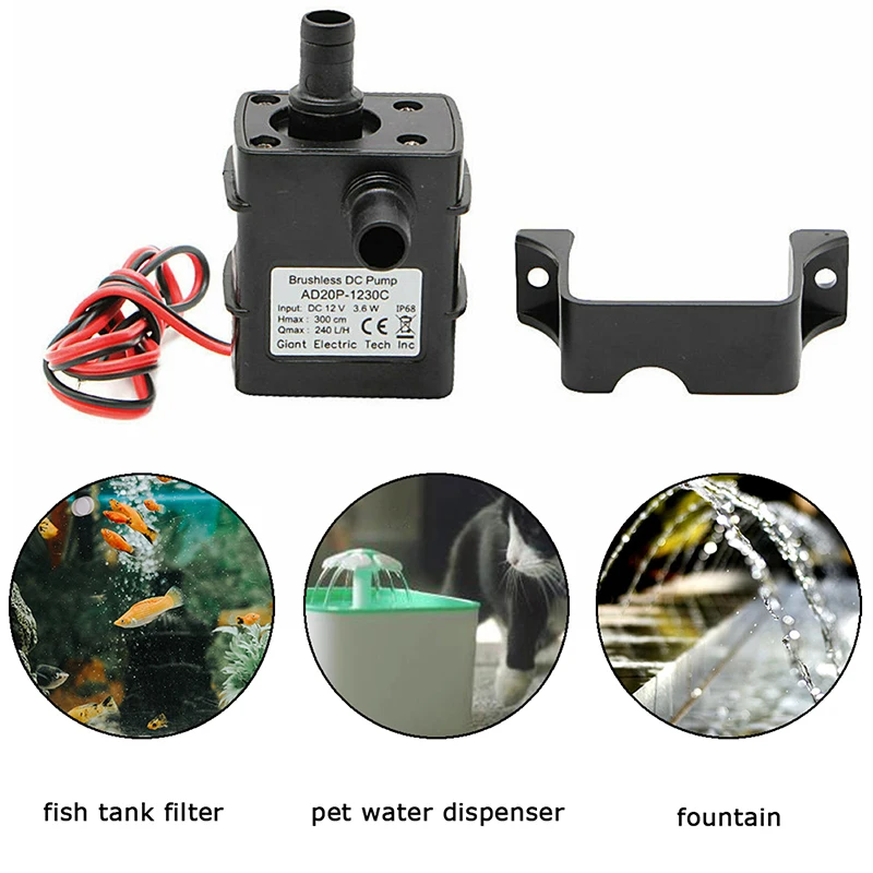 Mini Submersible Water Pump for Aquariums Fish Tank, Outdoor Pond Fountain Accessories, 4.8W, DC 12V