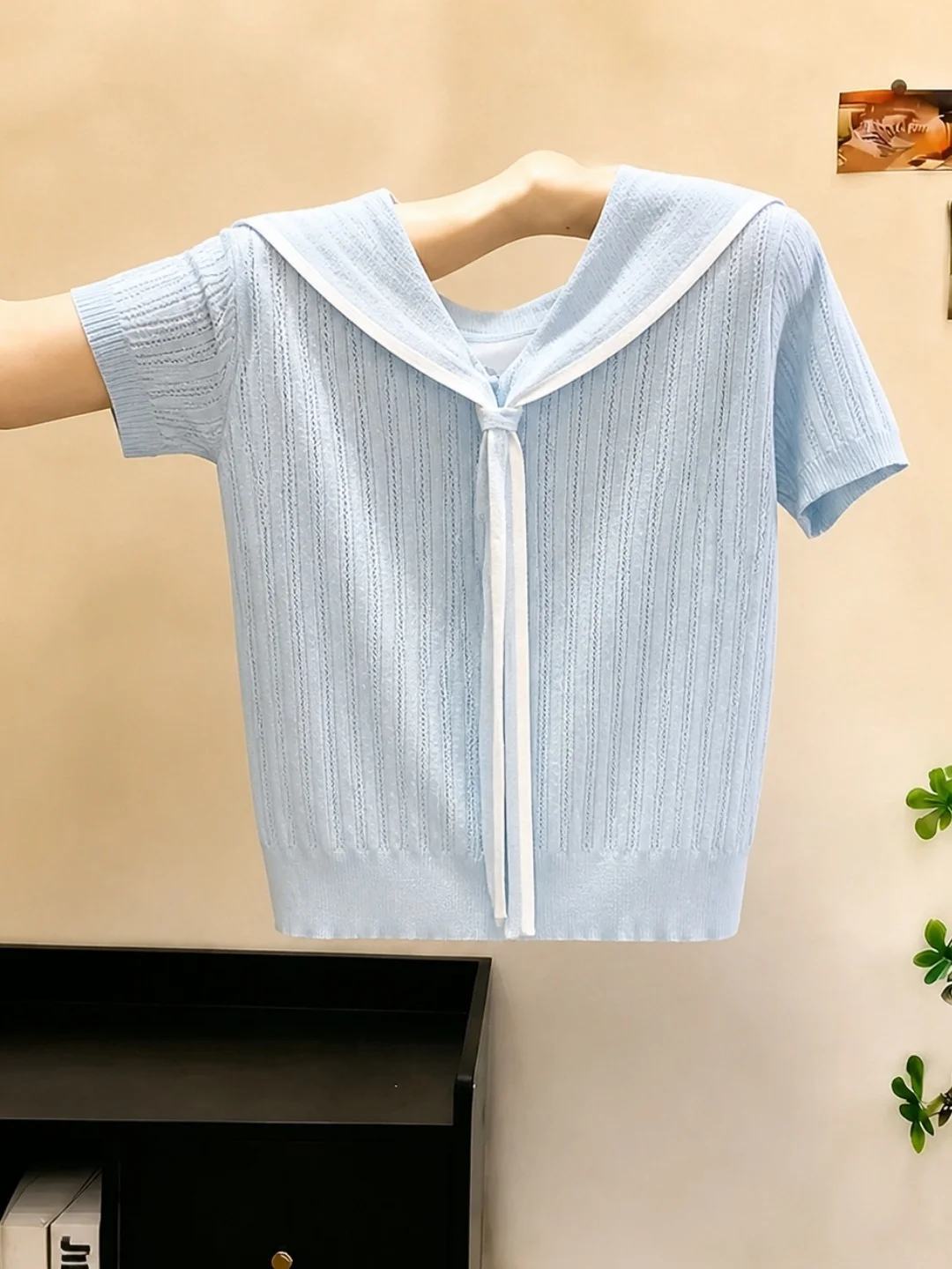 

Summer Casual Versatile Knitwear Short Sleeve Slimming Belted Design Sensation Top Korean Style Commute Fashion plus Size