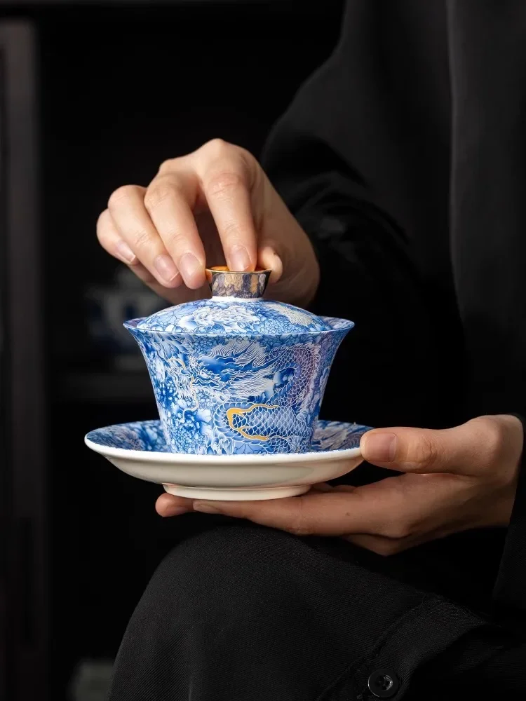 

Chinese Tangka Rotatable Gold Silver Mixed Gaiwan Zen Sheep Fat Jade Hovering Lid Tea Tureen Tea Maker Cover Bowl Tea Services