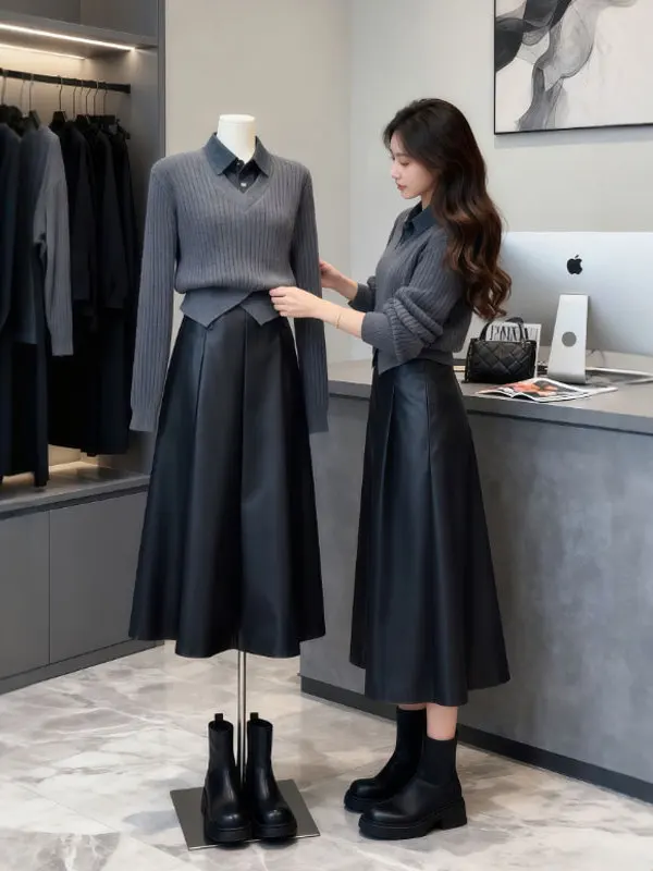 

Ele V-Ne Knitted Top And Skirt Set Comfortable Mid-Thi Autumn Wear High Waist Slim Fit Retro Sle Casual Versatile W...