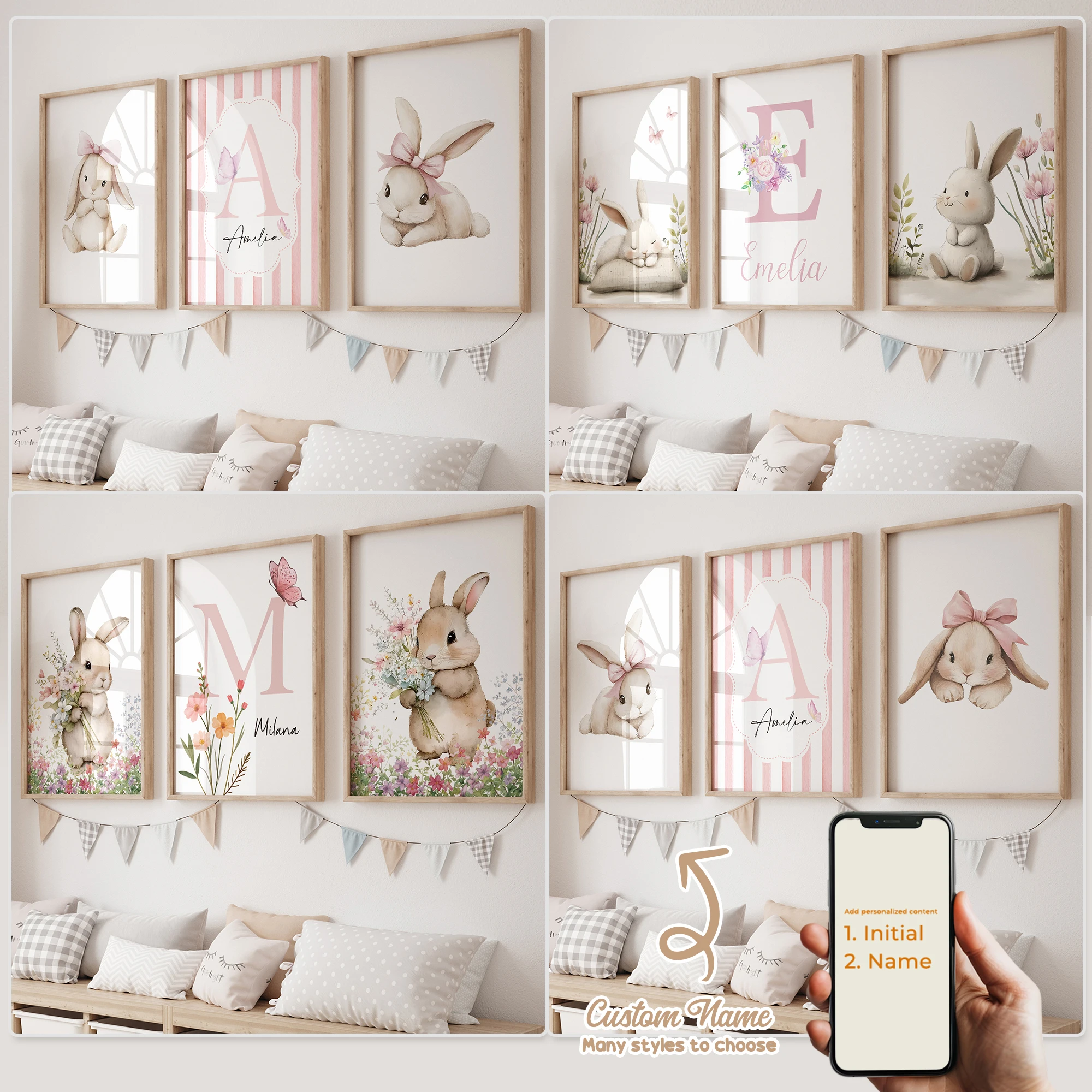 3 Stück personalisierte benutzerdefinierte Cartoon-Wandkunst mit Namen, rosa Kaninchen, Kunstdruck, Bild, Leinwand, Poster, Gemälde für Wohnzimmer, Heimdekoration