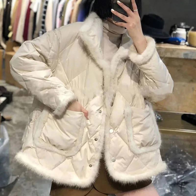 Winter 2023 New Slim Coat Female Solid Color Cotton-Padded Jacket Temperament  Warm Loose Warm Casual Pocket Button Overcoat